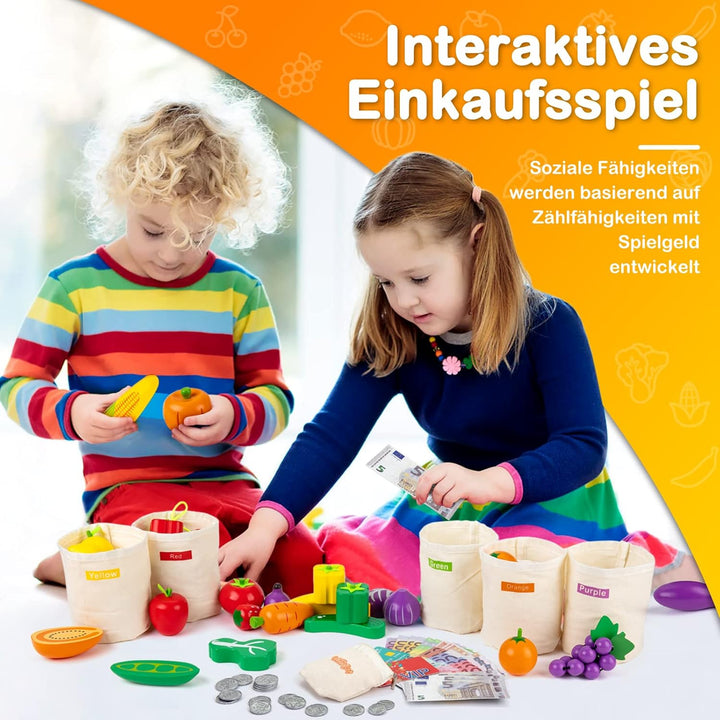 SEMKOTREE Kaufladen Zubehör Holz, Spiellebensmittel Kinderküche Zubehör, Kaufmannsladen Zubehör mit