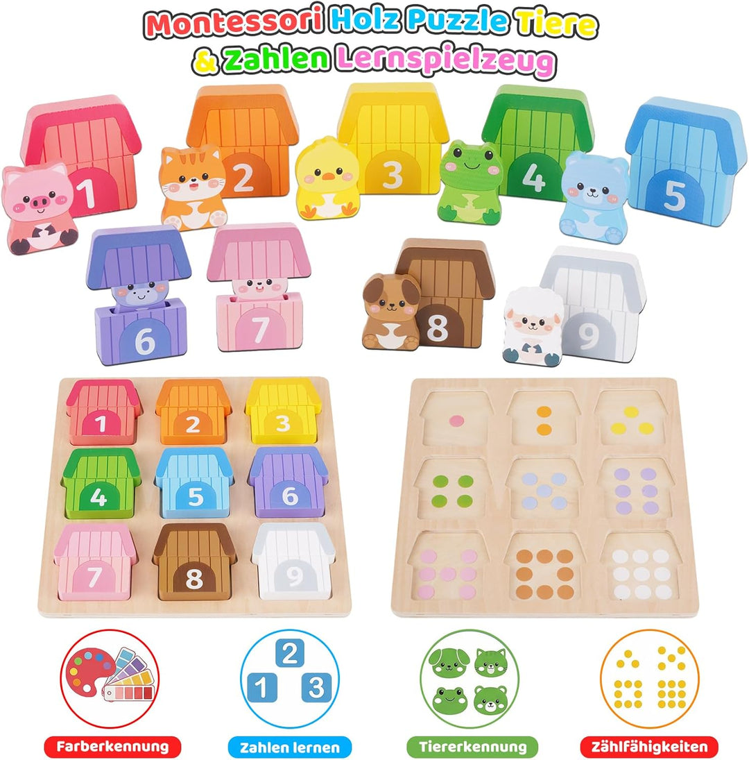 KMTJT Montessori Holzspielzeug ab 1 Jahr – Bauernhof Tier-Puzzle &amp; Sortierspiel mit Zahlen, Pädagogi