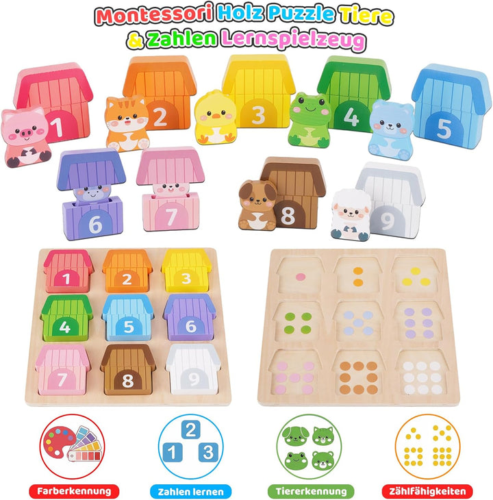 KMTJT Montessori Holzspielzeug ab 1 Jahr – Bauernhof Tier-Puzzle &amp; Sortierspiel mit Zahlen, Pädagogi