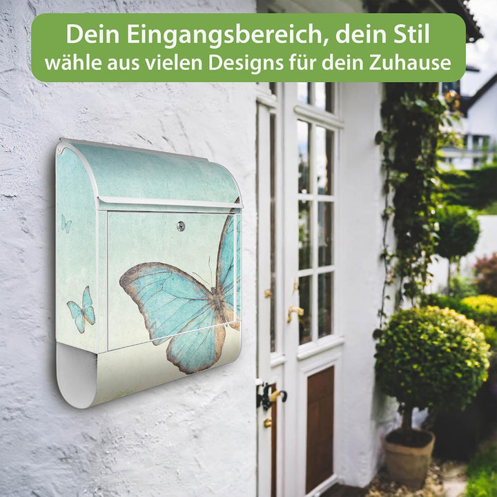 banjado® Design Briefkasten mit Motiv Blaue Schmetterlinge 39x47x14cm &amp; 2 Schlüssel - Briefkasten St