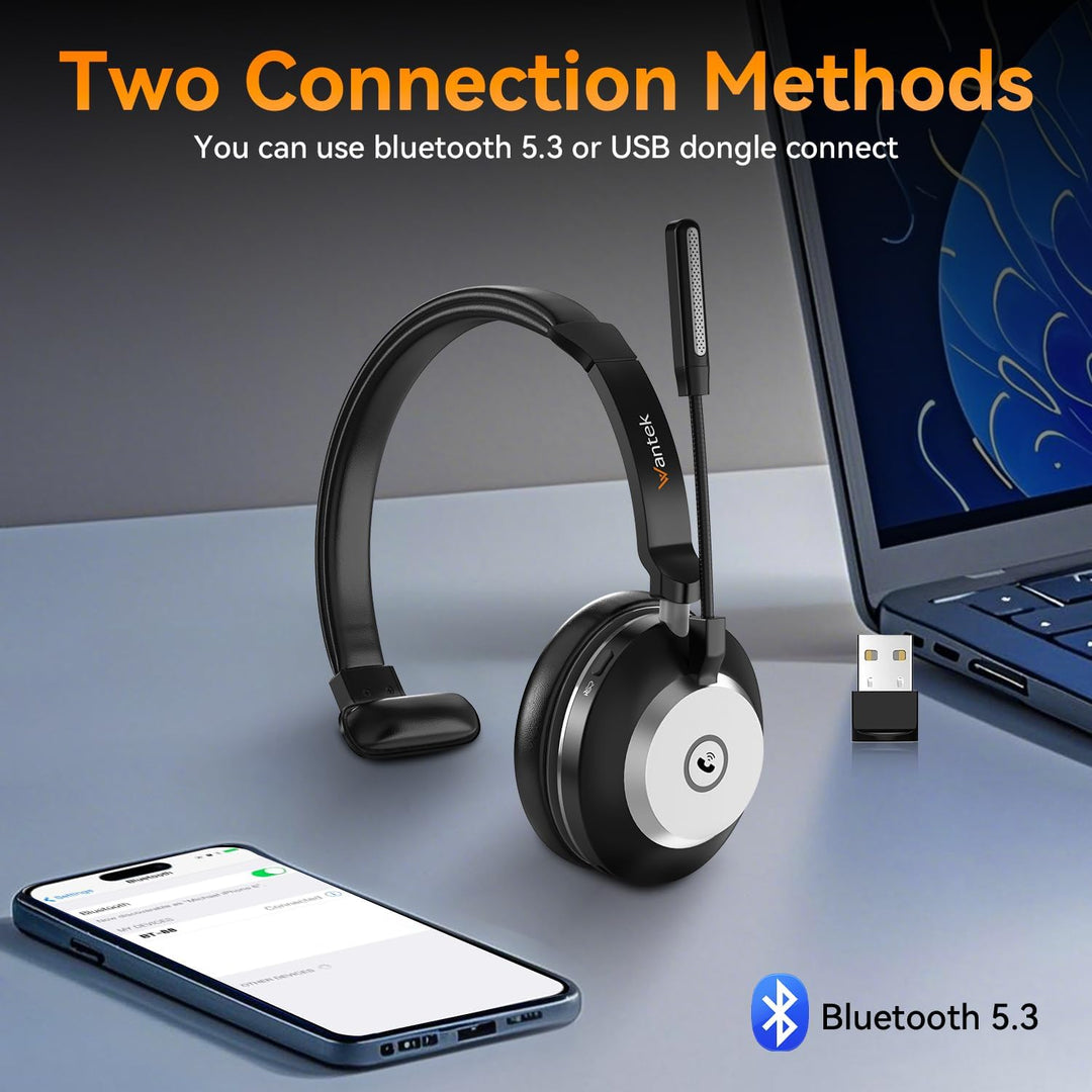 Wantek Kabelloses Headset | 2.4G/BT 6.0 Doppelmodus | 40h Akkulaufzeit | Rauschunterdrückungsmikrofo