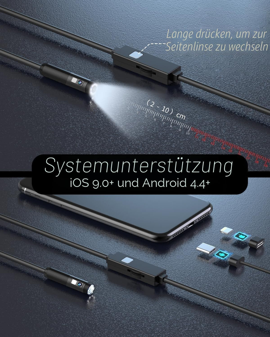 Dual Lens Endoskopkamera, 1080P HD Endoskop-Kamera mit Licht Handy Wasserdichtes Ip67 Kein WLAN Erfo