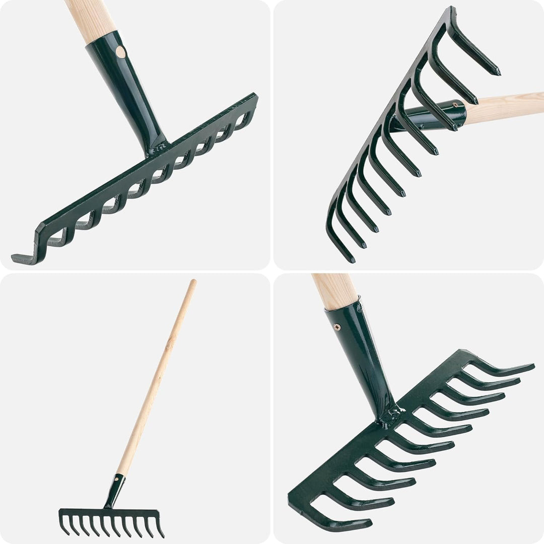 KADAX Rechen aus Metall, Flache Harke mit Stiel aus Holz, Laubbesen für Garten, Beet, Laubrechen, Ra