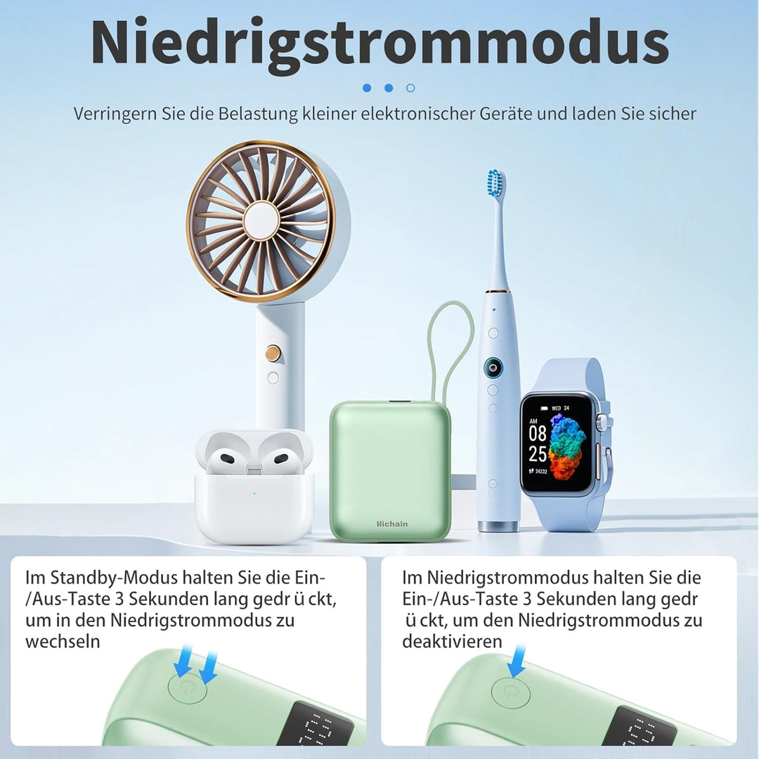 Hichain Power Bank Klein, 10000mAh 22,5W Powerbank USB C Schnellladen mit Integriertem USB-C Kabel,
