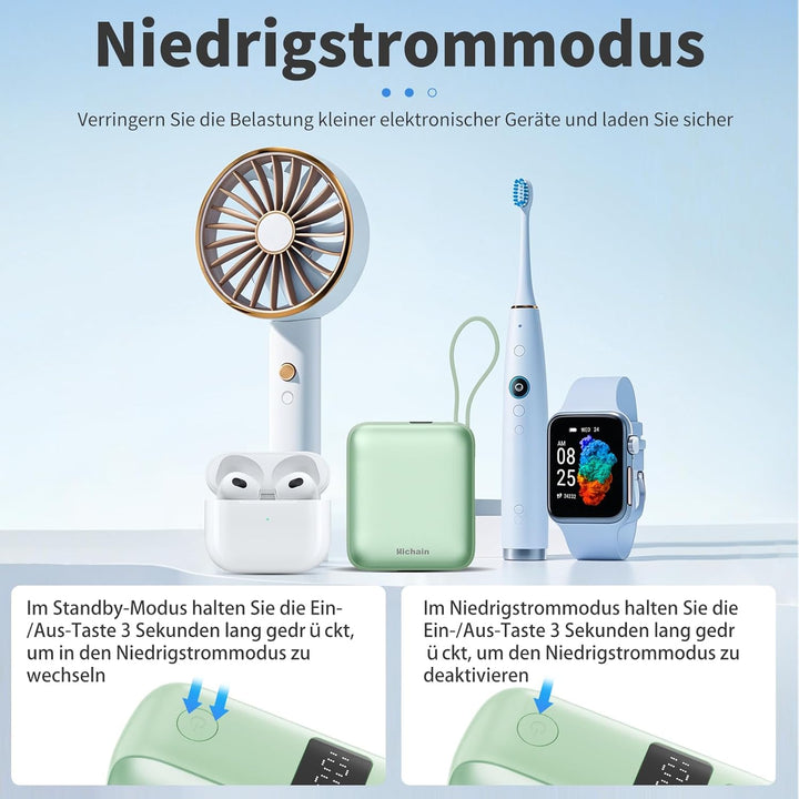 Hichain Power Bank Klein, 10000mAh 22,5W Powerbank USB C Schnellladen mit Integriertem USB-C Kabel,