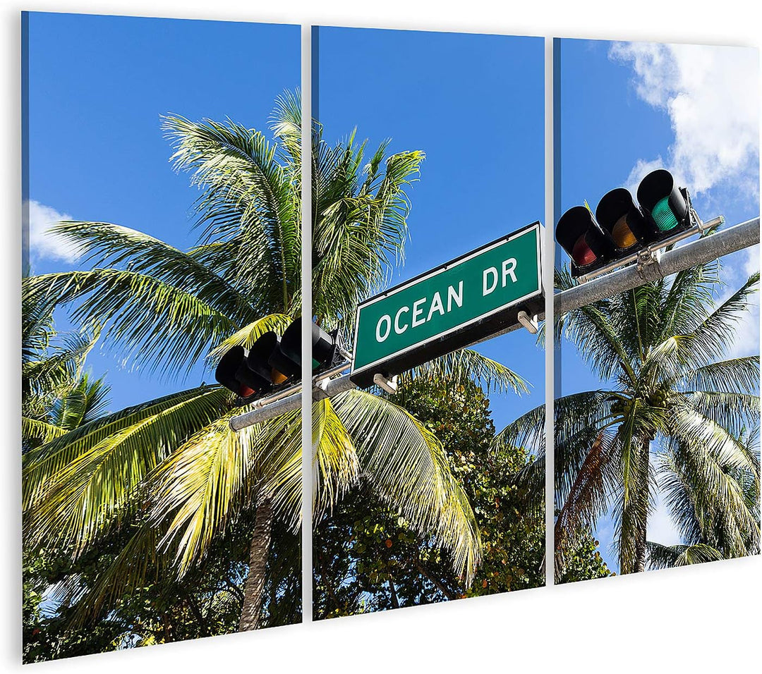 islandburner Bild auf Leinwand Ocean Drive Miami Bilder Wandbilder Poster, Leinwand 130x80cm - 3 Tei