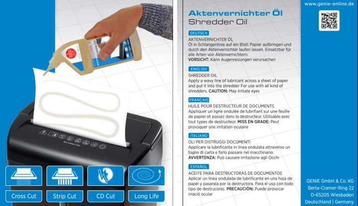 GENIE Aktenvernichter Öl (400 ml), zum Reinigen und Schmieren &amp; Pflegekit (Ölpapier für Aktenvernich