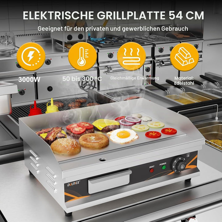 DULNICE Grillplatte Elektrisch Tischgrill Edelstahl, Elektrische Grillplatte 3000W, 50-300°C Kommerz