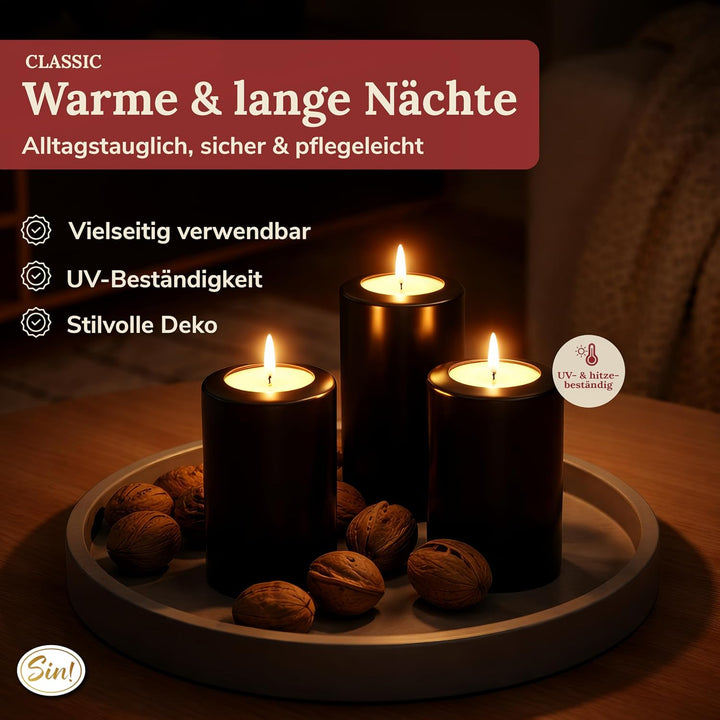Sin! Teelichthalter Classic schwarz- ∅ 8 cm, Höhe 18 cm -Dauerkerze mit Teelicht in Kerzenform - Tee