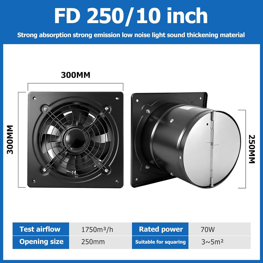 250mm Abluftventilator 1750m³/h, badlüfter 250mm mit Rücklaufklappe, Rauchabzug Wandventilator Abluf