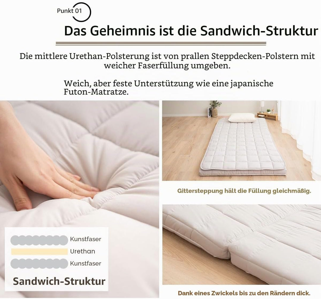 EMOOR Japanische Dreifach Gefaltete Futon-Matratze Machi mit Matratzenauflage 160 x 202 cm Grau, Zwi