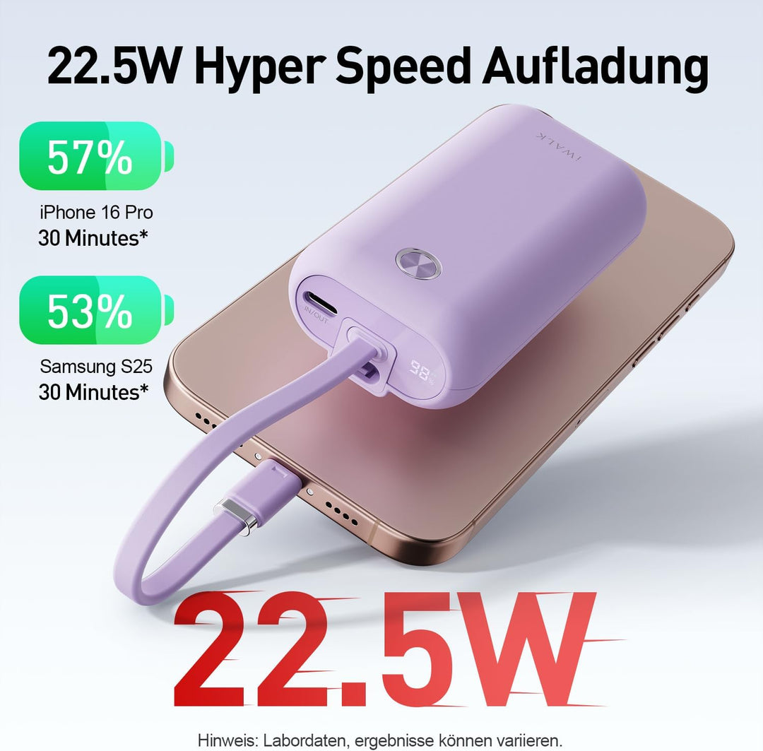 iWALK Mini Tragbares Ladegerät 10000 mAh, 22,5W USB-C Powerbank mit integriertem Kabel, Ultra-kompak