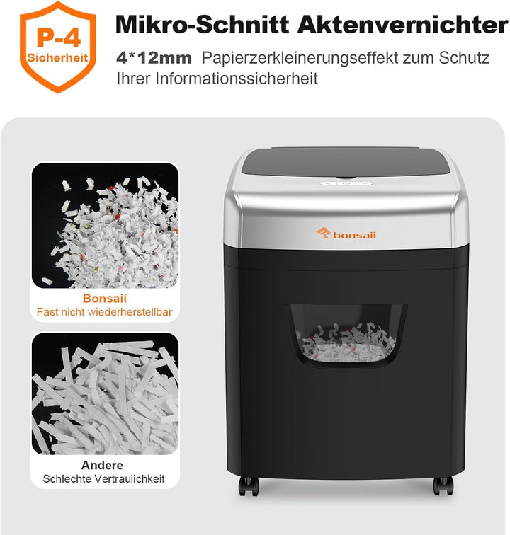 Bonsaii 120 Blatt Aktenvernichter mit Automatischem Einzug, P-4 Partikelschnitt, Extrem Leise mit 62