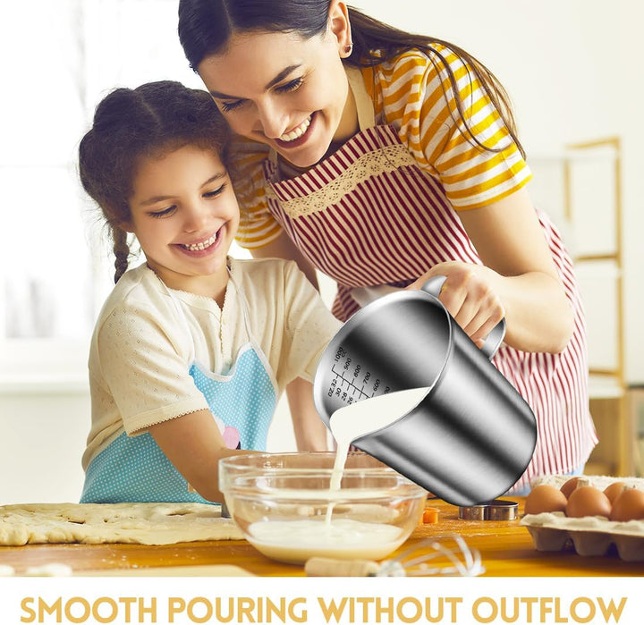 Messbecher Edelstahl 1L, Milchkännchen mit Markierung mit Griff, Messkanne Milk Pitcher, Milchaufsch