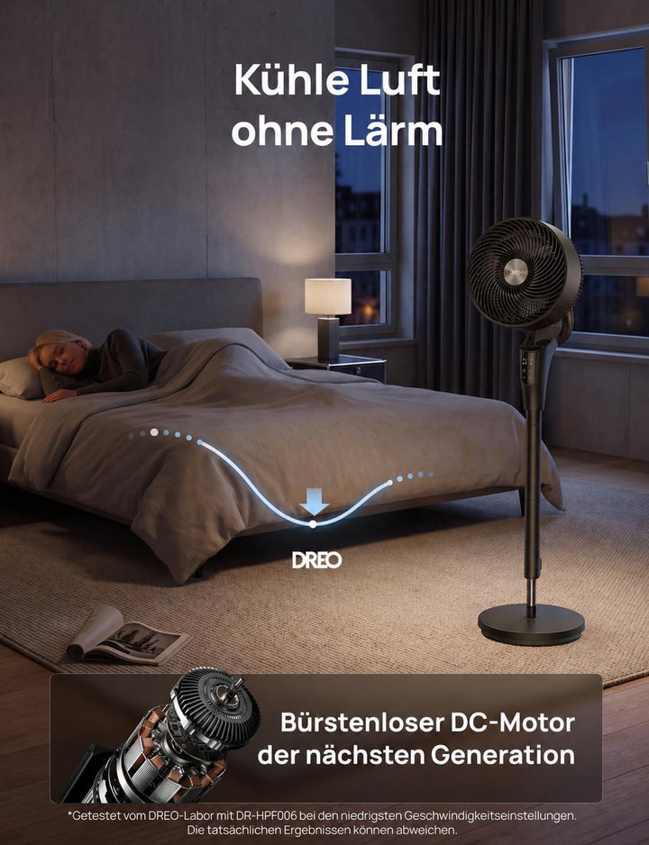 Dreo Leiser Standventilator, 1444m³/h Luftvolumen oszillierende Ventilator, 3 Stufen 6H Timer Turmve