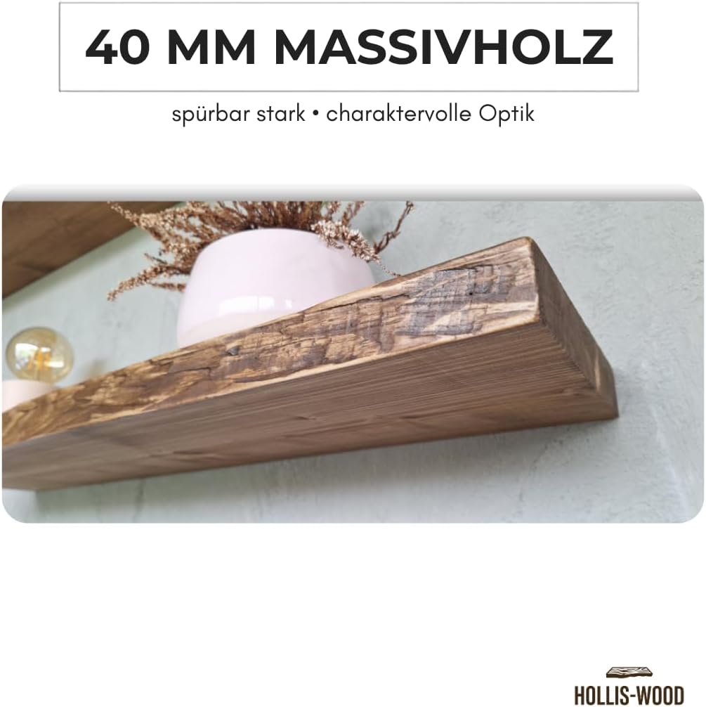 Wandregal schwebend, rustikale Designkante – Massivholz 40 mm, 20 cm tief, unsichtbare Halterung, ha