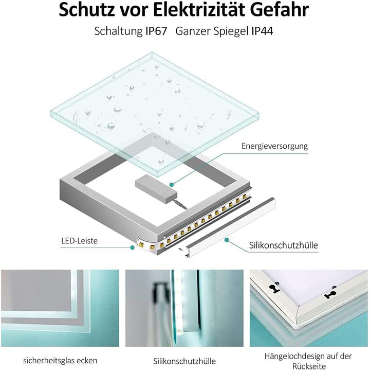 EMKE Badspiegel mit Beleuchtung 50x60cm, Badezimmerspiegel mit Kippschalter+Beschlagfrei+2 Lichtfarb