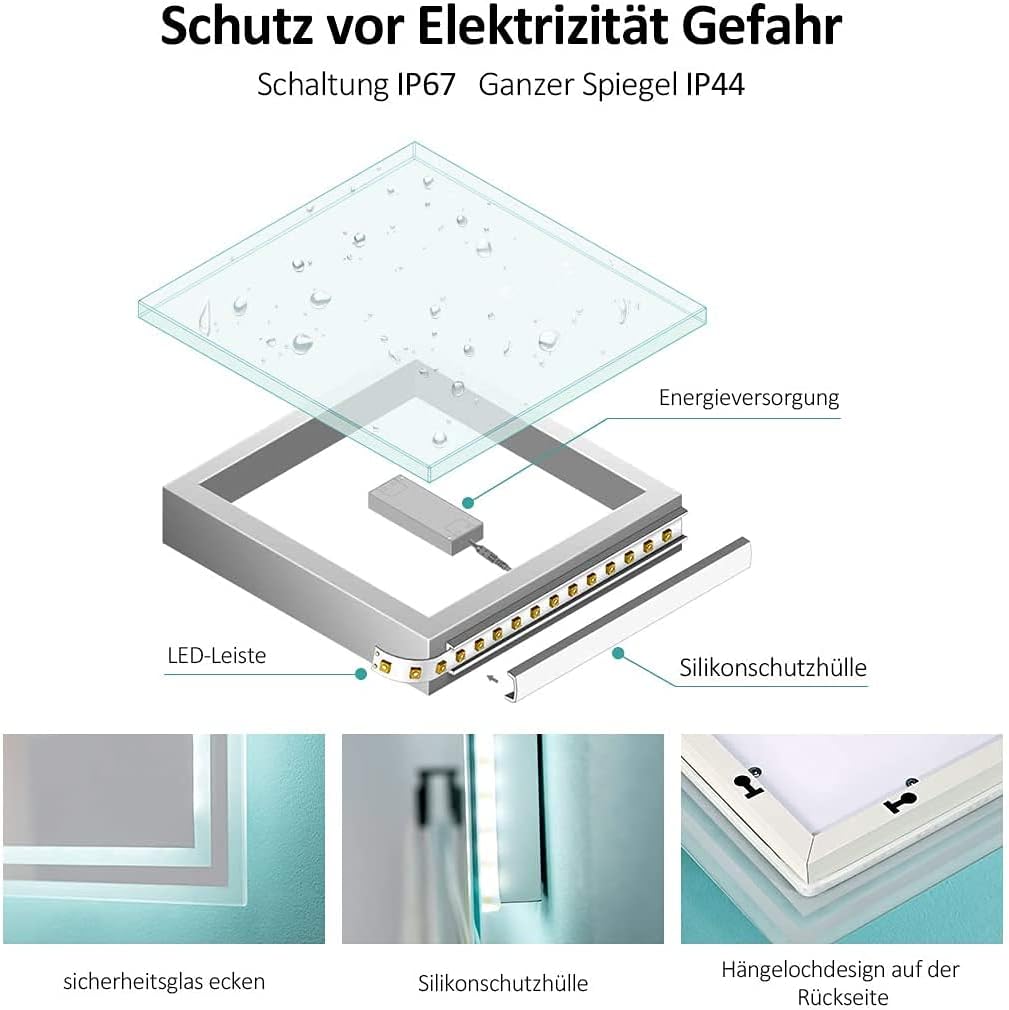 EMKE Badspiegel mit Beleuchtung 50x60cm, Badezimmerspiegel mit Kippschalter+Beschlagfrei+2 Lichtfarb