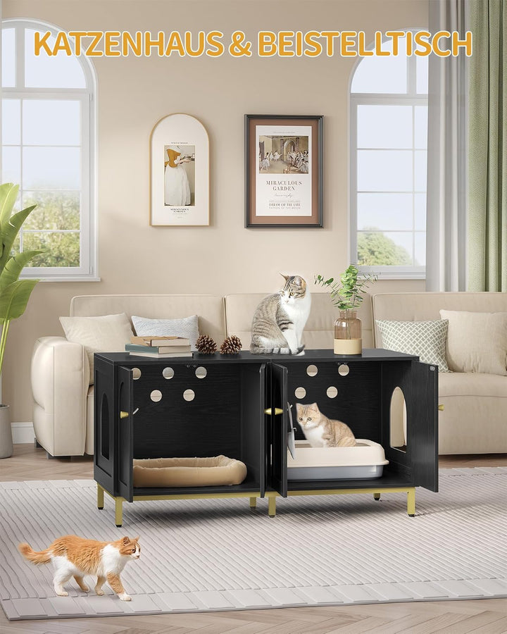 Hzuaneri Katzenschrank für 2 Katzen, 119cm Versteckte Katzentoilettenmöbel, Hölzernes Haustierhaus,