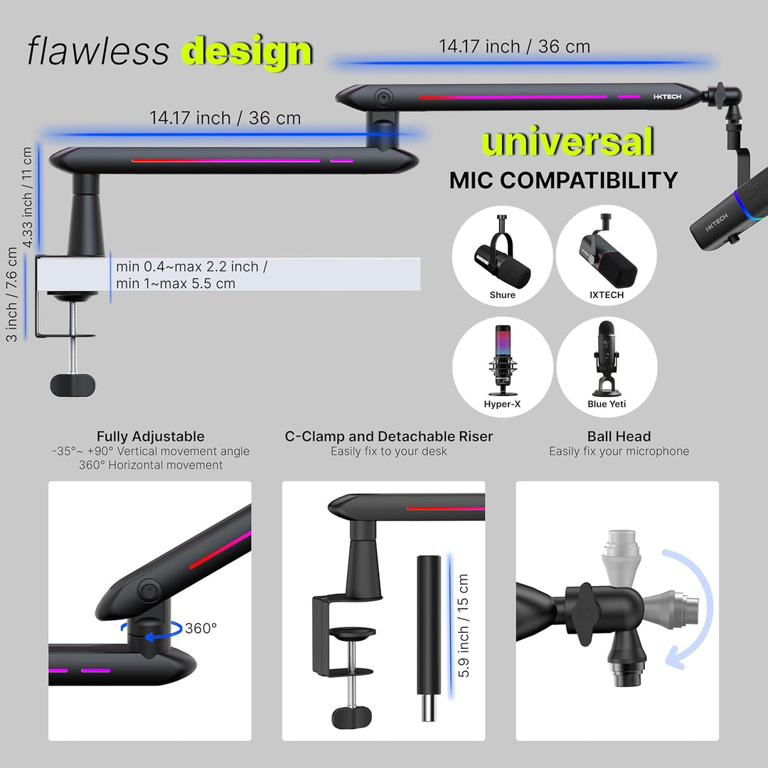 IXTECH RGB Low Profile Galgenarm für Mikrofon, verstellbarer Mikrofonarmständer mit Tischhalterungsk
