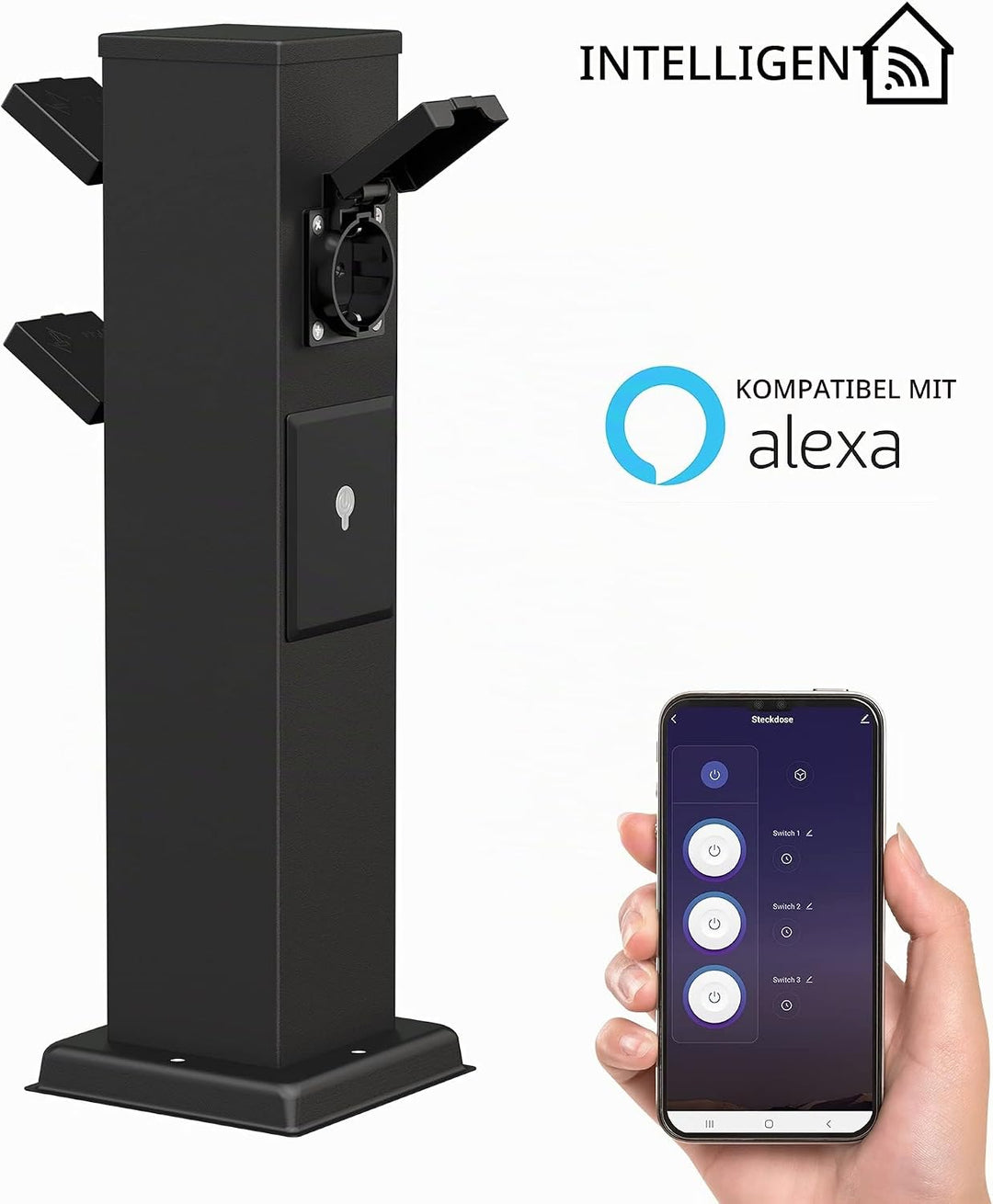ledscom.de 2X Garten Steckdosensäule Polly für aussen, IP44, Smart Home, WLAN, Alexa, 3-Fach, schwar