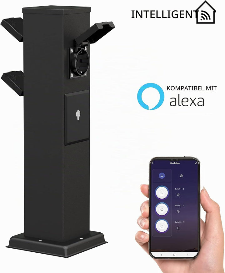 ledscom.de 2X Garten Steckdosensäule Polly für aussen, IP44, Smart Home, WLAN, Alexa, 3-Fach, schwar