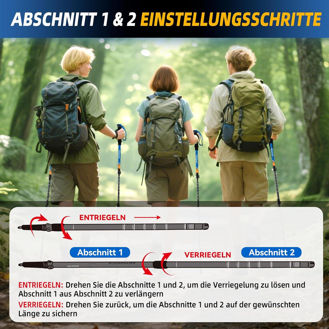 Clostnature Wanderstöcke Teleskop Aluminium - Nordic Walking Stöcke für Damen und Herren, 58-135cm L