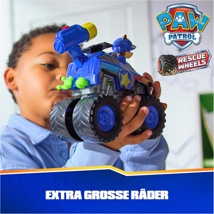 PAW PATROL Rescue Wheels - Chases Monstertruck Fahrzeug mit Geschoss-Abwurf und Chase Hundefigur, Sp