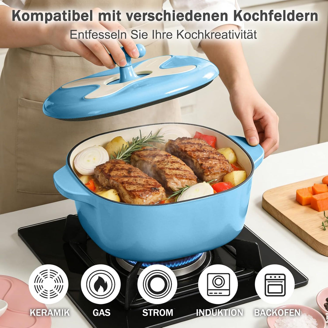 4,7L emaillierter Gusseisen-Bräter mit Deckel,Hohe Haltbarkeit &amp; Ofensicher Blau, Blau