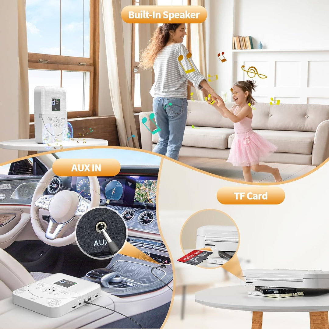 CD Player Tragbar, FELEMAN CD Player Bluetooth mit Lautsprecher/Wiederaufladbar Batterie/Display/Kop