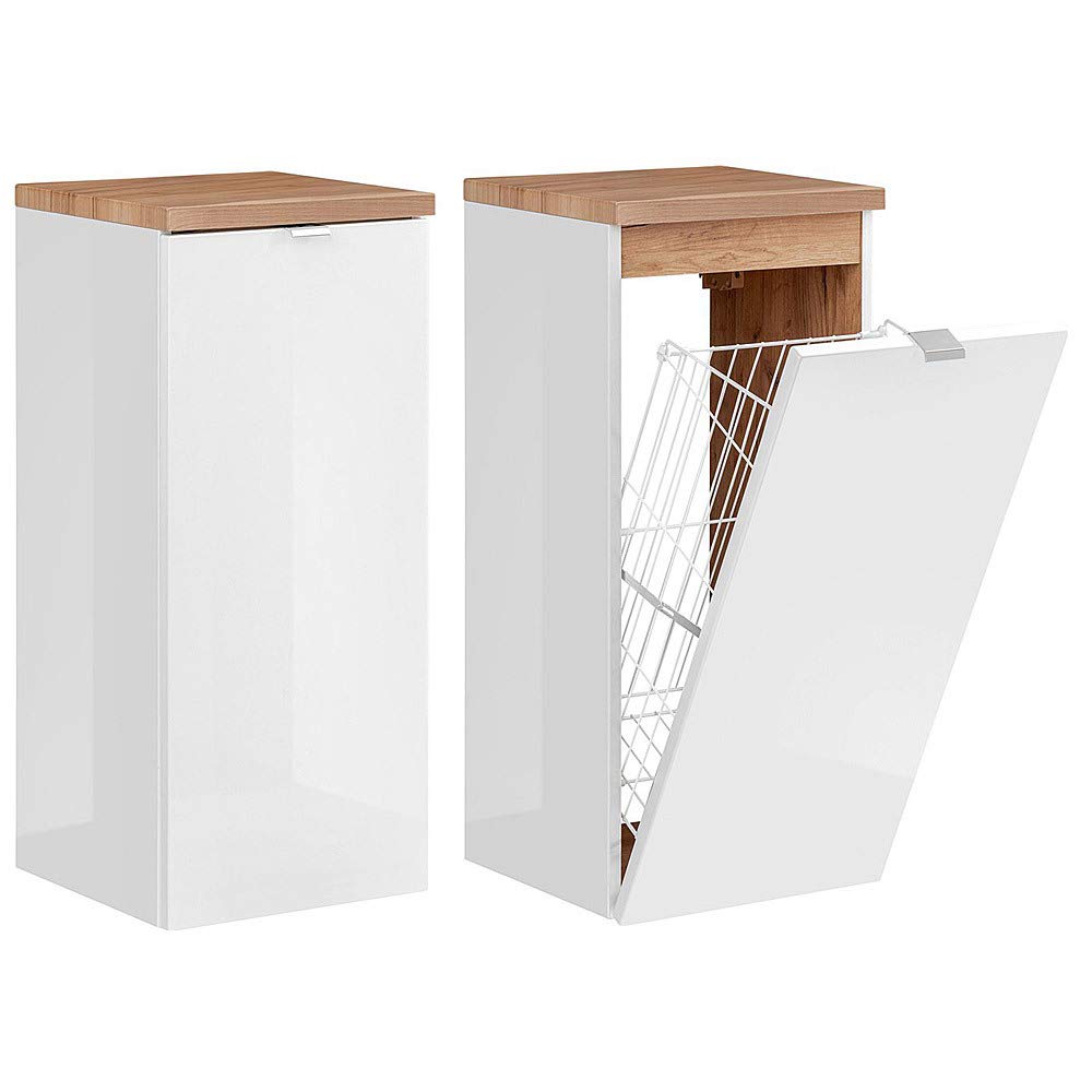 Lomadox Badezimmer Unterschrank mit Wäschekorb in Weiss-Hochglanz B/H/T ca. 35/80/35cm, Weiss