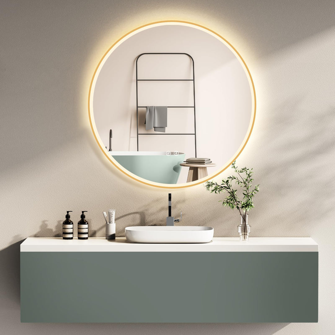 HOKO LED Badspiegel Beschlagfrei rund 80 cm Stockholm mit Metall Rahmen Gold. Runder Wandspiegel Ene