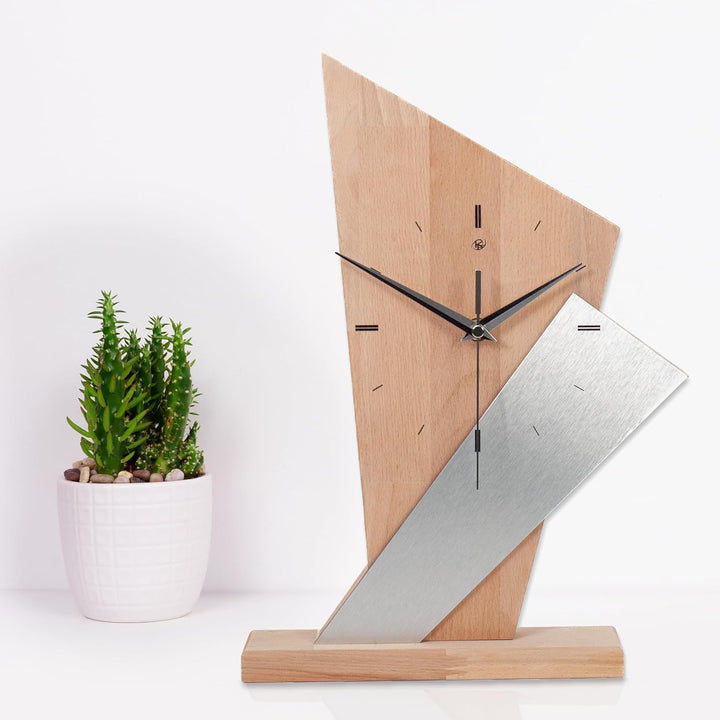 Kreative Feder Designer-Standuhr „Brown Square“ aus Massivholz – Tischuhr in modernem Metallic-Look