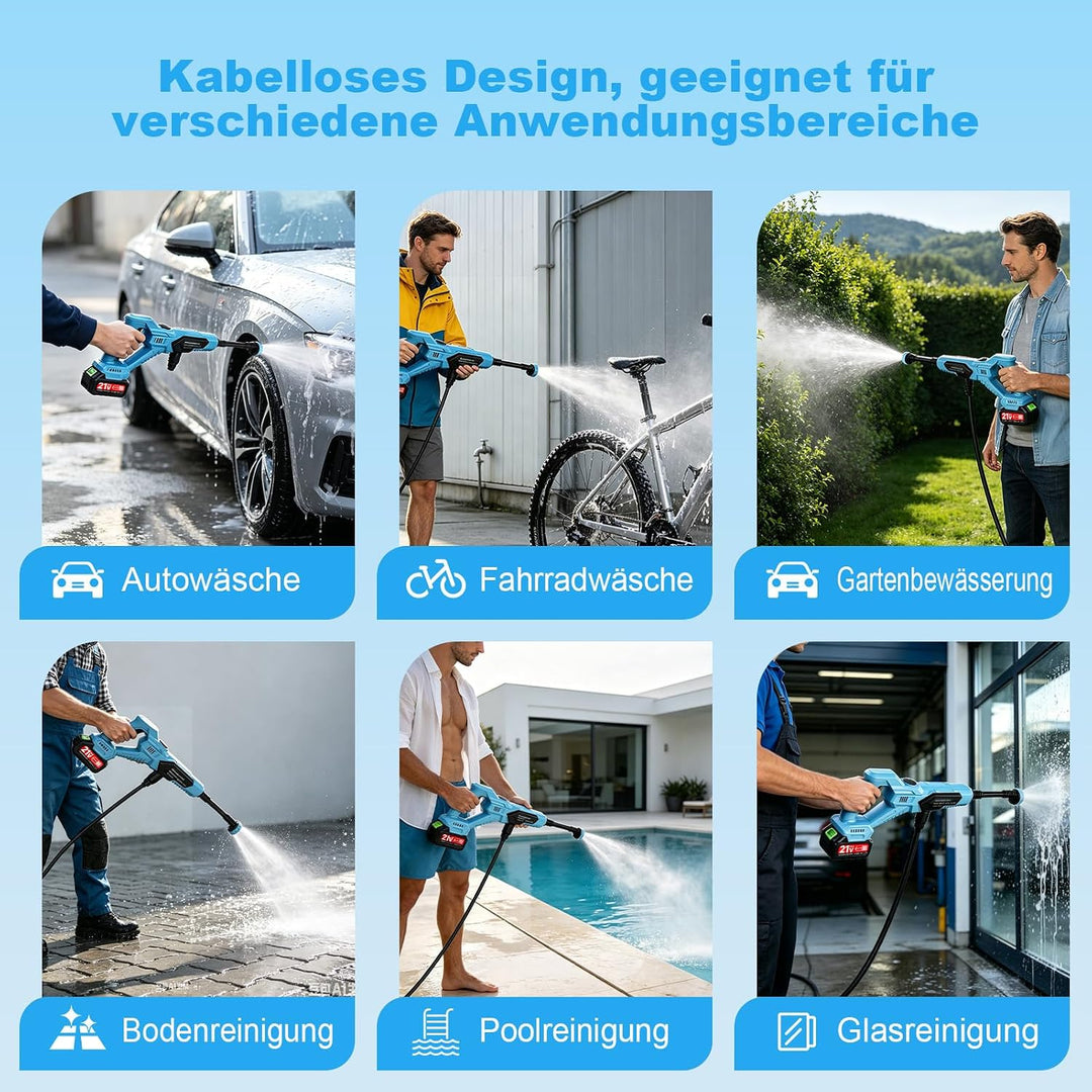 21V Akku-Hochdruckreiniger, Tragbarer Hochdruckreiniger mit 6-in-1 Multifunktionsdüse, 2 Akkus,120Ba