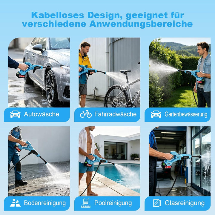 21V Akku-Hochdruckreiniger, Tragbarer Hochdruckreiniger mit 6-in-1 Multifunktionsdüse, 2 Akkus,120Ba