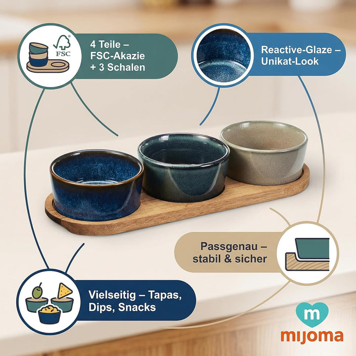 MIJOMA Servierset 4-teilig – Drei Steingut-Schalen in Reactive-Glaze-Tönen – Akazienholz-Tablett FSC