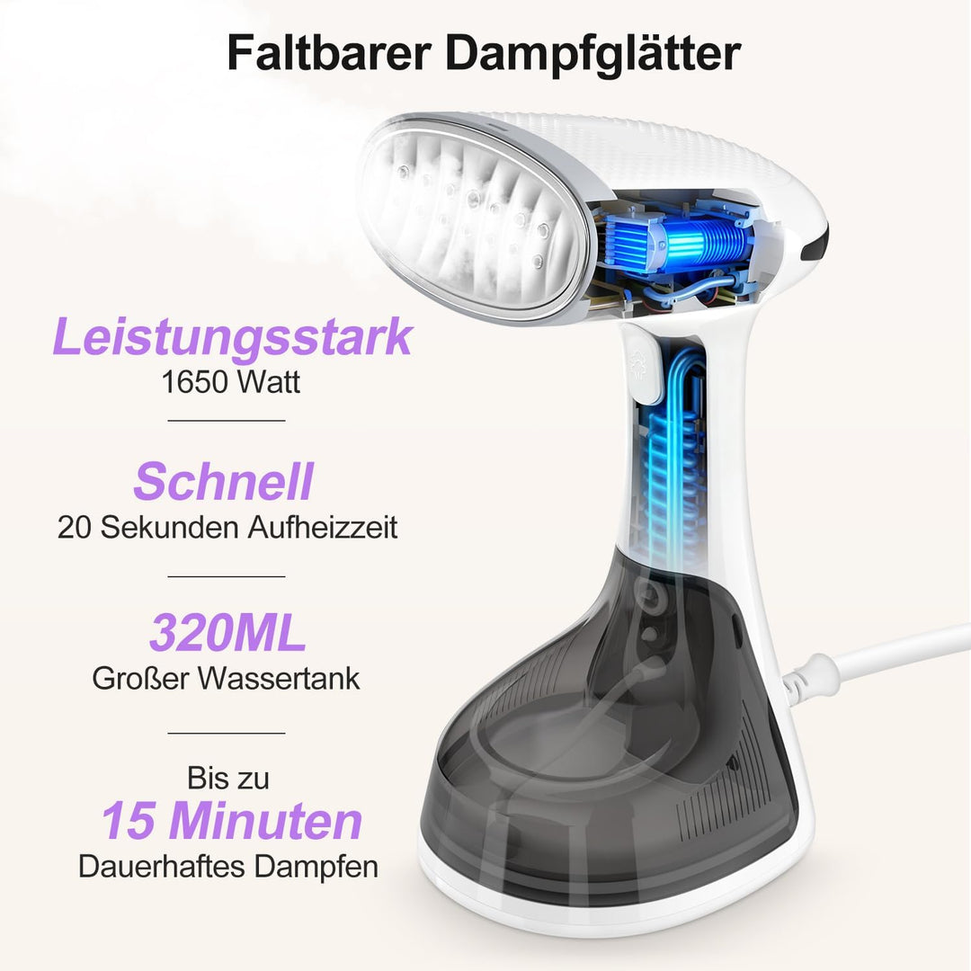 Steamer Dampfglätter 1650W 320ML Reisebügeleisen Wassertank 20s Schnelle Aufheizung 30G/min Tragbar