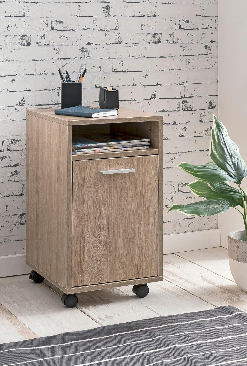 Wohnling Rollcontainer Sonoma 33x60x38cm Schubladenschrank Büro, Schreibtischcontainer mit Tür & Abl