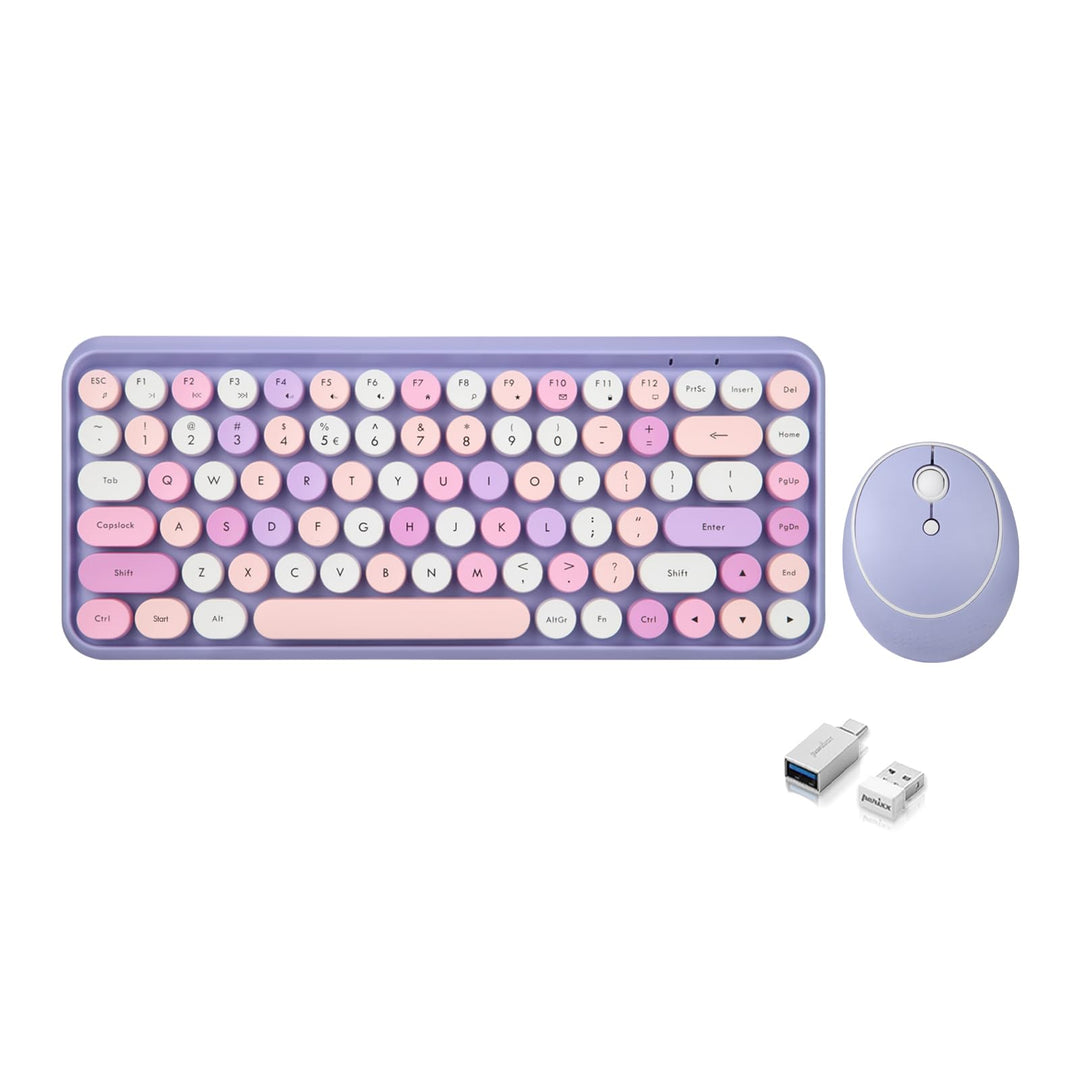 Perixx PERIDUO-713PP Wireless Mini Keyboard and Mouse Combo - Retro Round Key Caps - Pastel Purple -