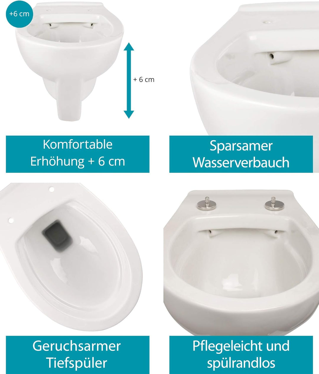 Calmwaters® Erhöhtes Wand-WC spülrandlos Modern Plus mit Toilettendeckel, 6 cm Erhöhung, inklusive a