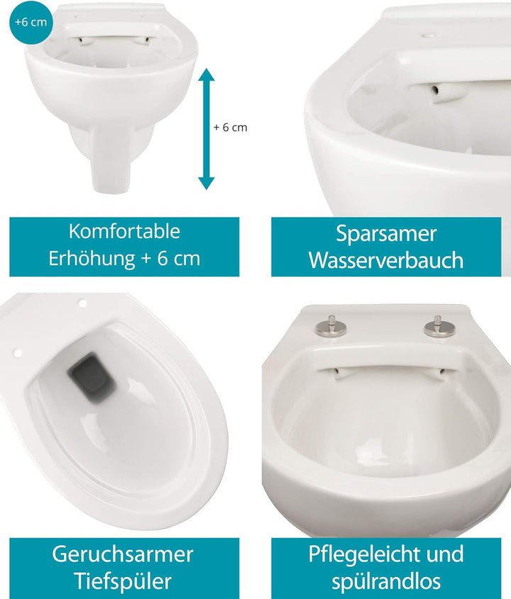 Calmwaters® Erhöhtes Wand-WC spülrandlos Modern Plus mit Toilettendeckel, 6 cm Erhöhung, inklusive a