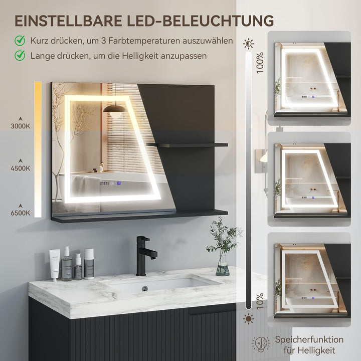 YU YUSING Badspiegel mit Beleuchtung 80x60cm, LED Badezimmerspiegel Mit Uhr | Beschlagfrei, Touch-Sc