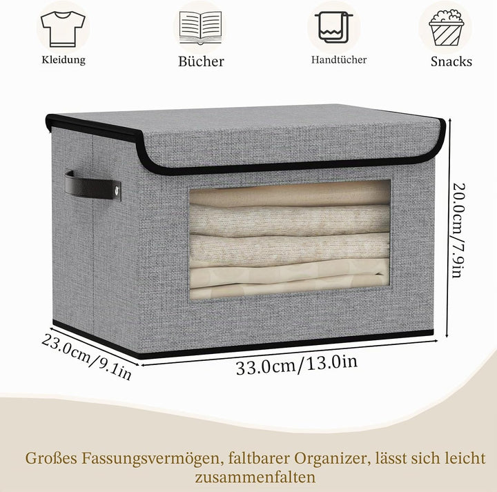 YheenLf Aufbewahrungsbox mit Deckel, Kleiderschrank Organizer, Stoff Grau Aufbewahrungsboxn mit Fens