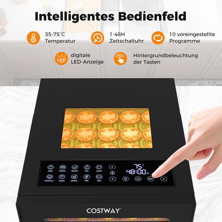 COSTWAY 850W Dörrautomat inkl. 10 Edelstahl-Schalen, Dörrgerät mit 10 voreingestellten Programmen, 4
