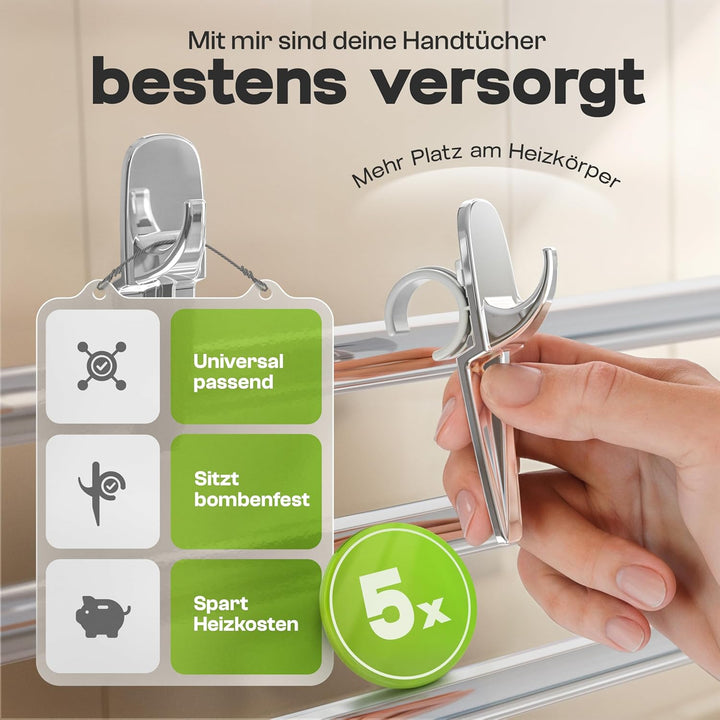 PRIME Handtuchhalter Heizkörper chrom im 5er Set – Made in Germany – Hakenclip der originale Rundhei