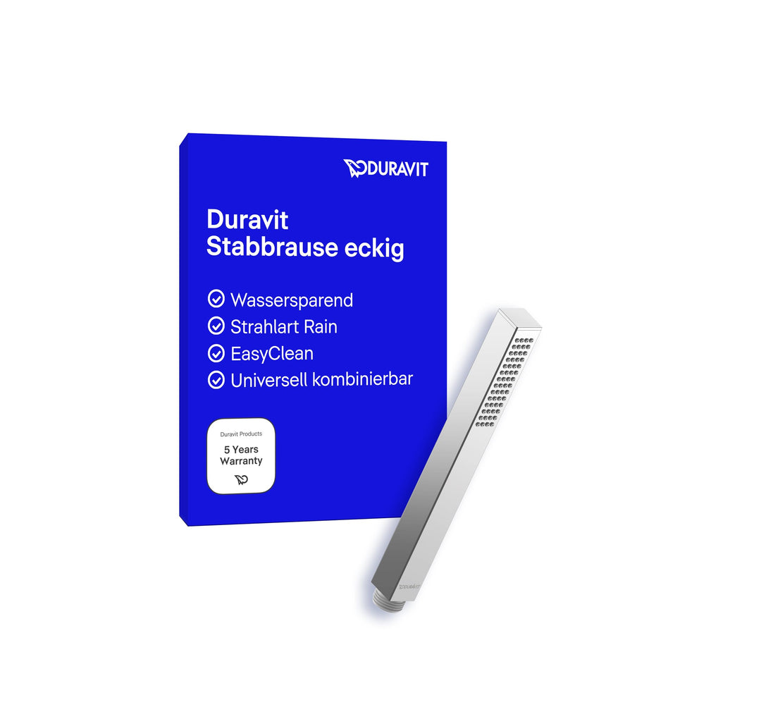 Duravit wassersparende Stabbrause, Duschkopf mit Strahlart Rain, Duschbrause eckig, Handbrause mit w