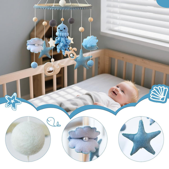 Meer Welt Mobile Baby Windspiele – Baby Mobile für Bett, 3D Häkeln Oktopus Babybett Mobile Wickeltis