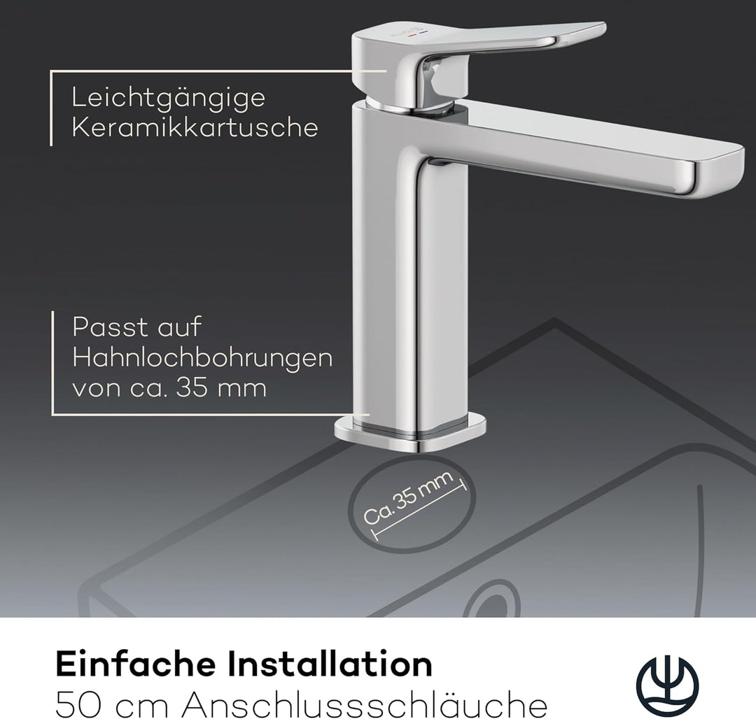 KLUDI-X3 Waschtischarmatur, Auslaufhöhe 110 mm, wassersparender Wasserhahn Bad Grösse M, Keramikkart