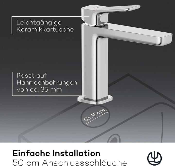 KLUDI-X3 Waschtischarmatur, Auslaufhöhe 110 mm, wassersparender Wasserhahn Bad Grösse M, Keramikkart
