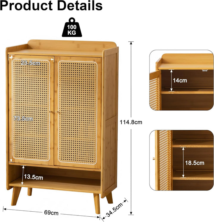 Schuhschrank Holz mit Korbgeflecht-Türen, Moderner Bambus Schuhschrank mit 5 Ebenen, Schuhregal mit